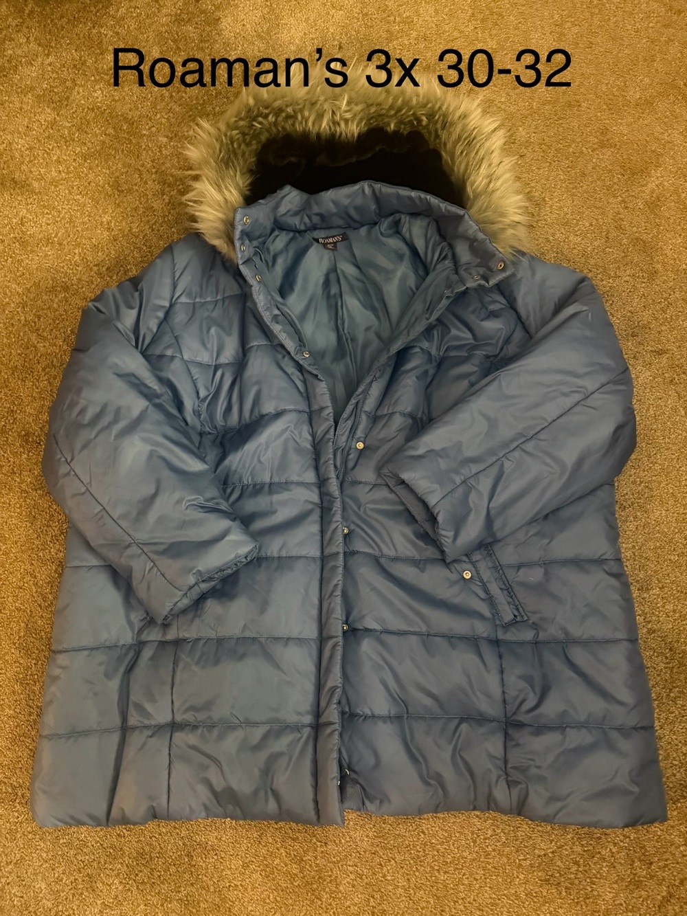 Roaman's Plus-Size Steel Blue Quilted Puffer with Faux Fur Hood. May need a wash